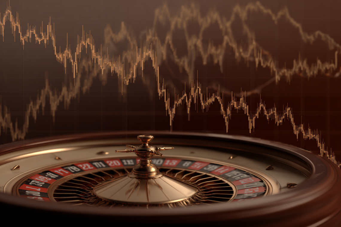 Stocks Falling with a Roulette wheel in the foreground.