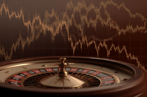 Stocks Falling with a Roulette wheel in the foreground.